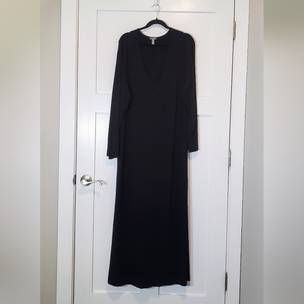 J.Jill Maxi Dress Long Sleeve V Neck Stretchy Black Size 2X Side Slits Rayon